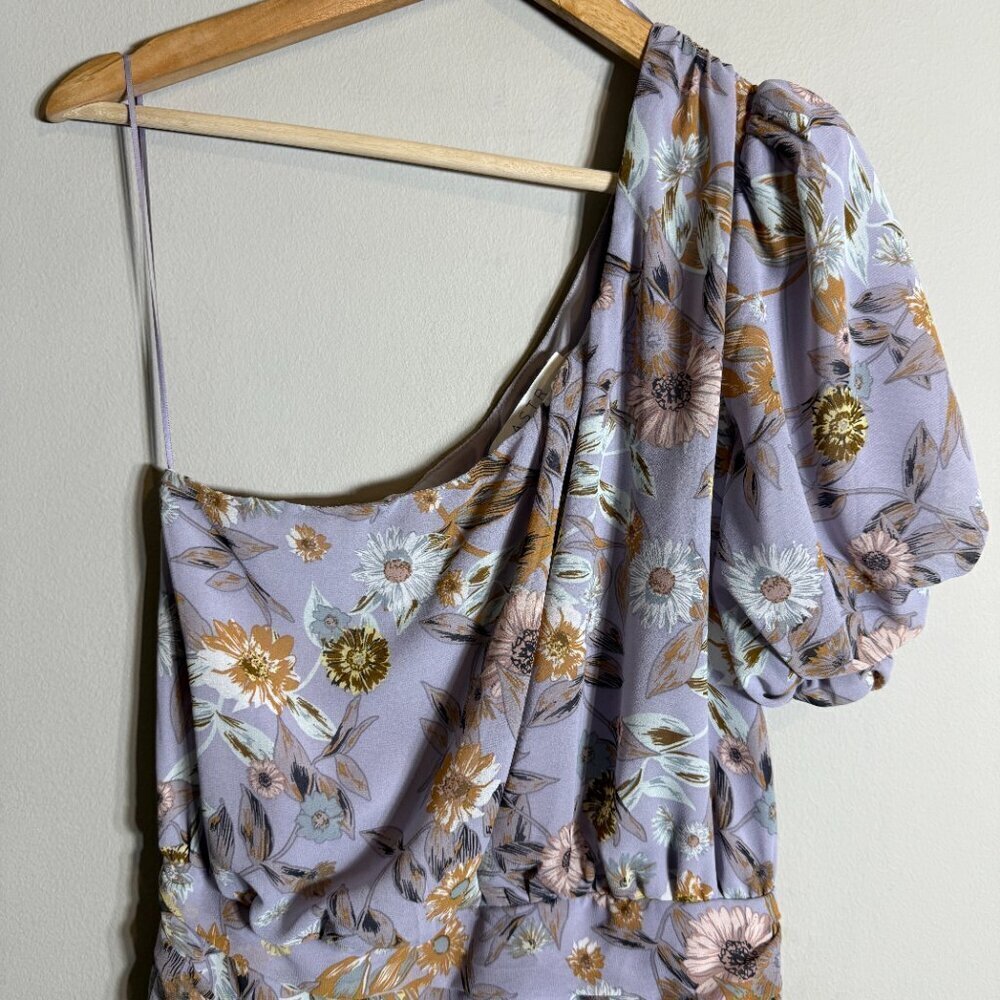 ASTR The Label Periwinkle Floral One Shoulder Tulip Mini Dress Women's Medium - Picture 7 of 14